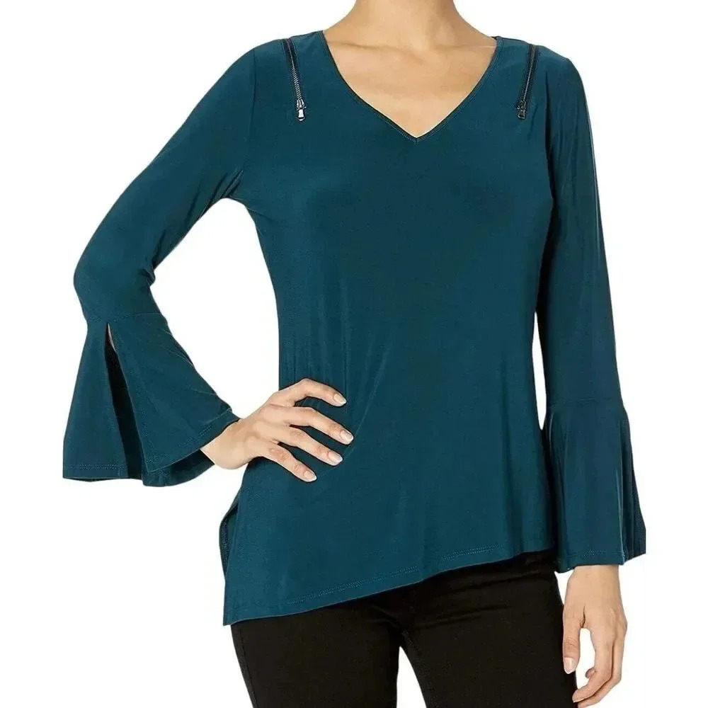 Love Scarlett Womens Dark Teal Polyester V Neck Pullover Blouse Top Petite Small